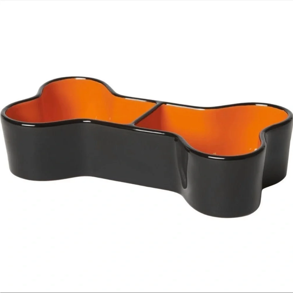 Ceramic Divided Pet Dish “Bone Appetit” orange and black by Ray Dunn 11”by2.5”